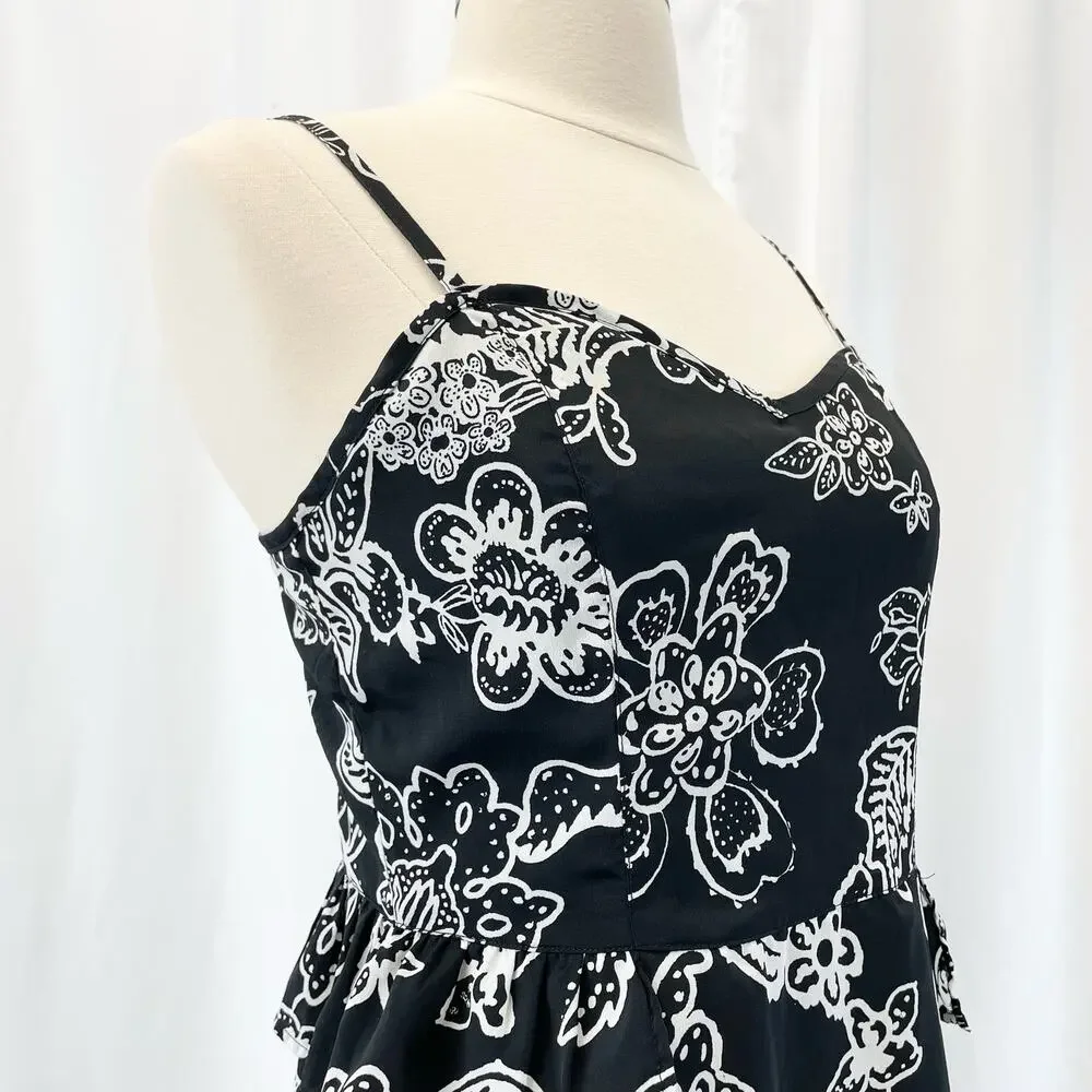American Eagle Womens 6 Floral Sleeveless Dress Black White Peplum Sweetheart‎